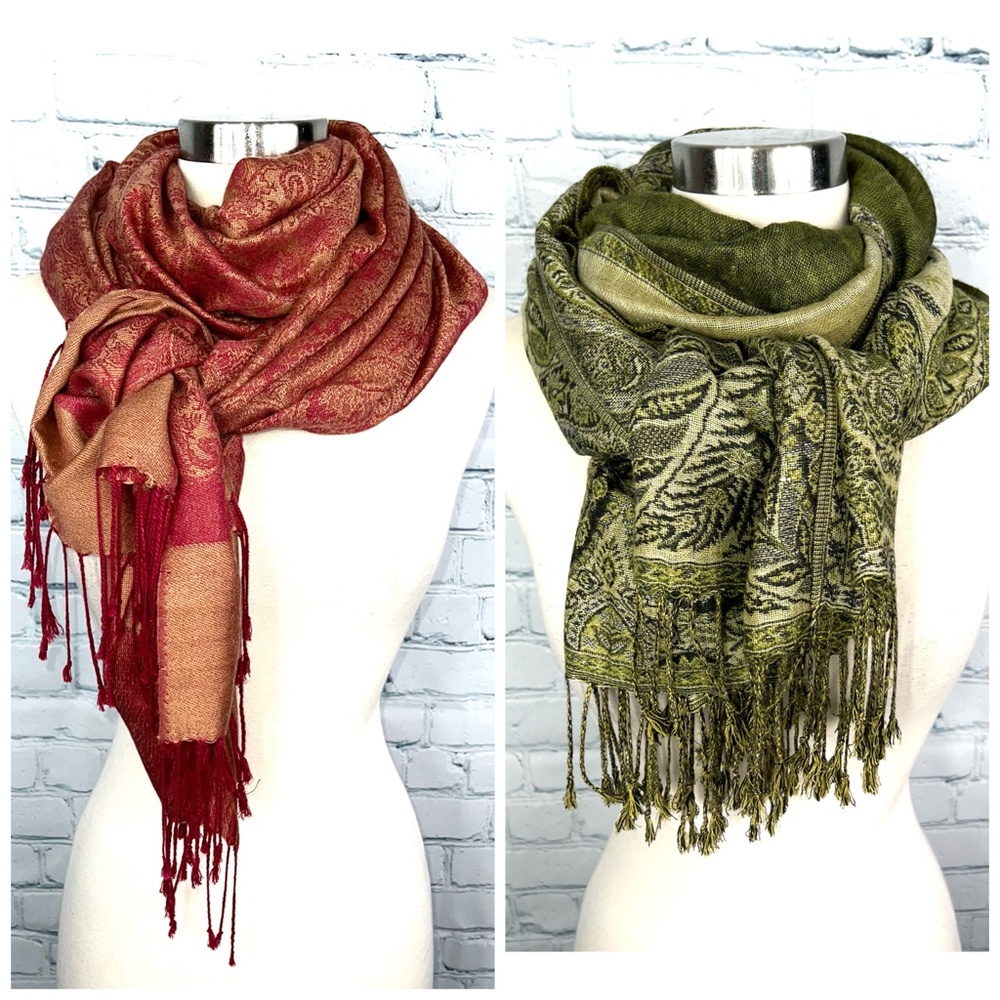 Green SOLD🚫NWOT 2-|•PASHMINA•| 1 GREEN + 1 RED/GOLD 70% Pashmina + 30 % Silk - Picture 1 of 16